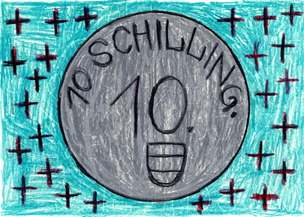 August Walla: 10 Schilling, 1998, Farb- und Bleistifte auf Papier, 14,7 × 10,5 cm