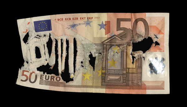 Jonas/Kees/Winkler: Wir machen mehr aus Ihrem Geld, 2007, Original-Banknote (50-Euro-Schein), Säure, 6,8 × 13 cm