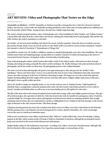 THE NEW YORK TIMES — ART REVIEW; Video and Photographs That Teeter on the Edge by Benjamin Genocchio_Page 1