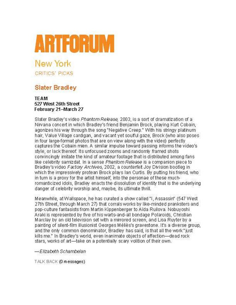 ARTFORUM — Slater Bradley by Elizabeth Schambelan